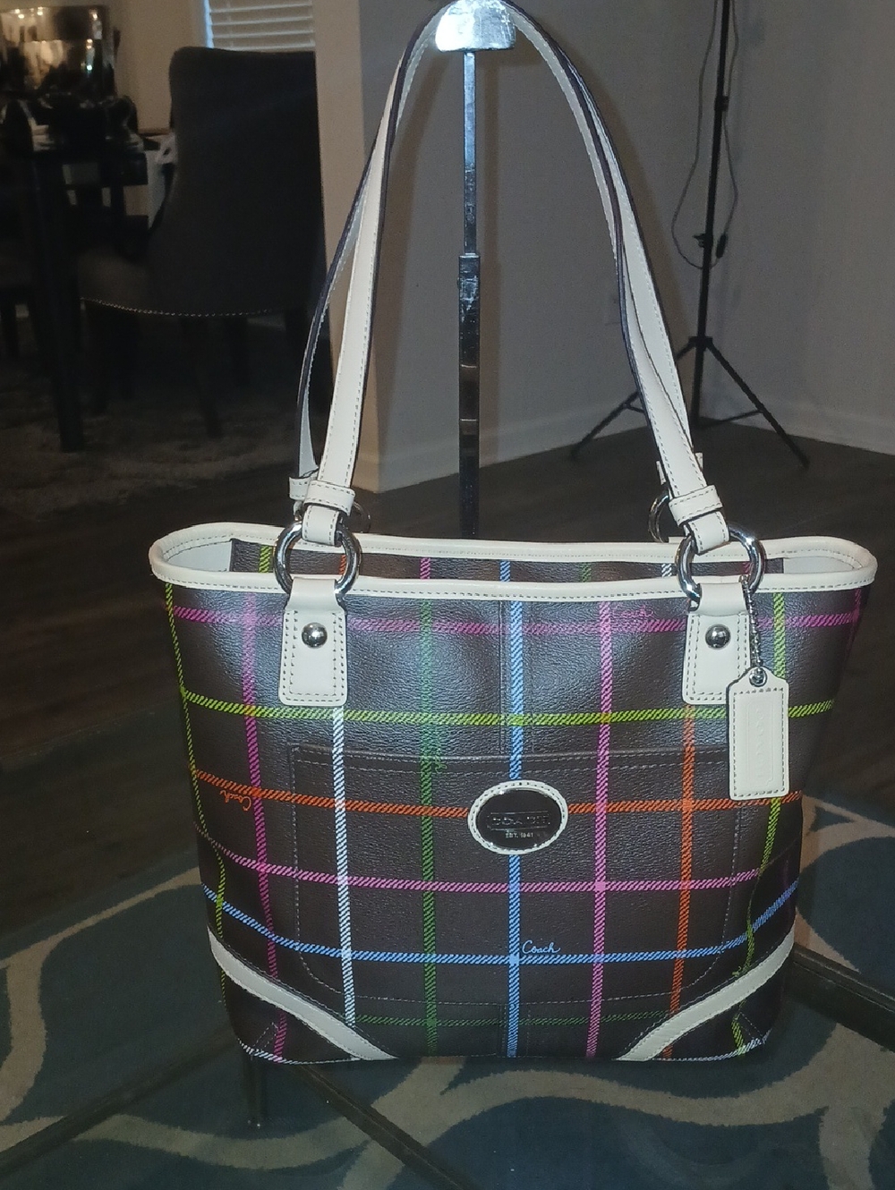Coach Peyton Tattersall Multicolor Plaid Tote Bag with White Trim